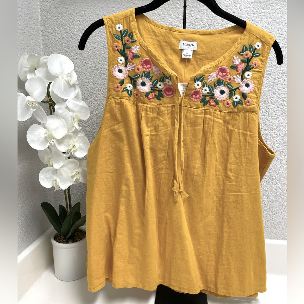J.Crew Peasant Sleeveless Top Mustard Floral Embroidery NWT